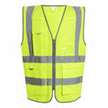 The product RG469, from Regatta High Visibility, is a vibrant yellow high-visibility safety vest featuring two reflective silver horizontal stripes and multiple pockets. It is showcased against a white background.