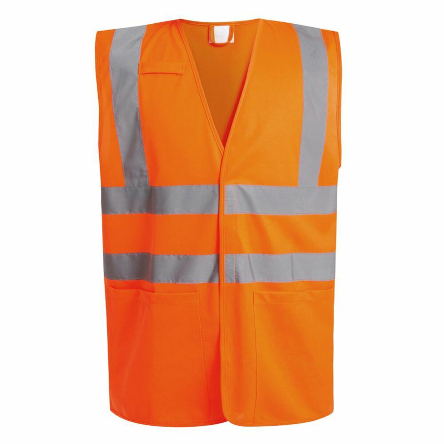 Regatta High Visibility's RG470 is a bright orange safety vest with reflective silver stripes, featuring a pocket on the left side and a Velcro closure.