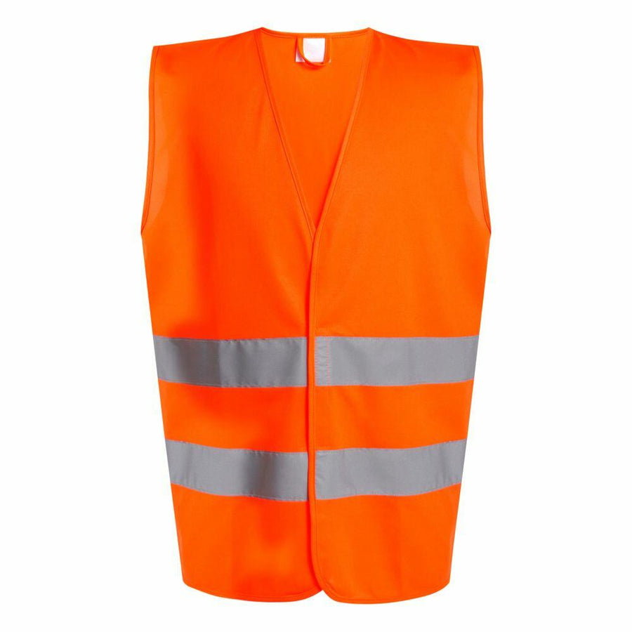 The RG471 by Regatta High Visibility is a bright orange safety vest featuring two reflective gray horizontal stripes across the lower half.