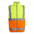 The RG472 by Regatta High Visibility is a safety vest with a zippered front. The top half is neon yellow, and the bottom half is bright orange, featuring reflective gray stripes both horizontally and vertically for enhanced visibility.