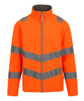 The Softshells jacket is bright orange with two horizontal reflective grey stripes on the body and arms, featuring a full front zip and a stand-up collar.