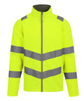 The Softshells jacket is high-visibility yellow with a front zip, grey reflective stripes on the arms, chest, and upper back, and features a stand-up collar.
