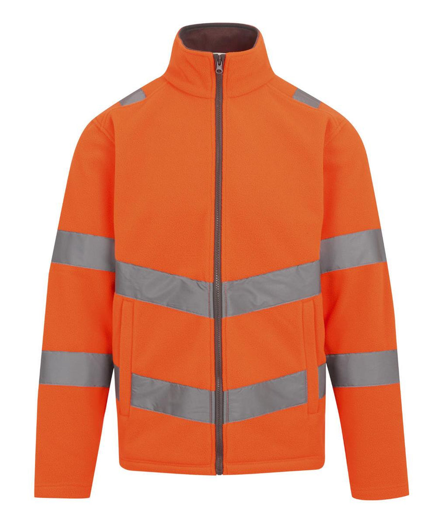 The Fleece is a bright orange high-visibility jacket with reflective silver stripes on the chest, arms, and shoulders, plus a front zip and high collar.