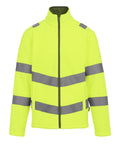 The Fleece is a high-visibility yellow safety jacket with reflective grey stripes on the torso, sleeves, and shoulders. It features a full front zip and a stand-up collar for added comfort and safety.
