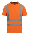 The T-shirts are short-sleeved, bright orange high-visibility safety shirts with two vertical and two horizontal reflective silver stripes on the front.