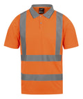 Polos: Orange short-sleeve polo with collar and two buttons, featuring horizontal and vertical reflective grey stripes on the front for high visibility.