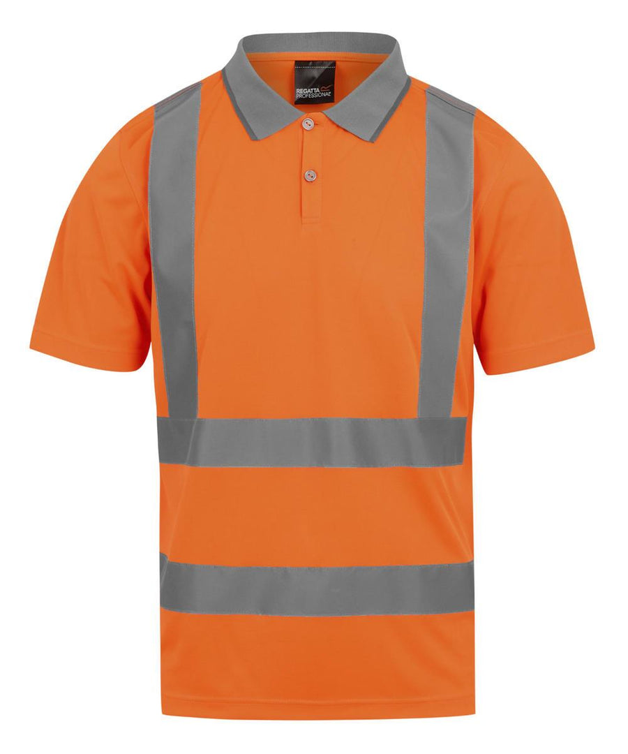 Polos: Orange short-sleeve polo with collar and two buttons, featuring horizontal and vertical reflective grey stripes on the front for high visibility.
