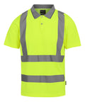 Polos: A short-sleeved, bright yellow polo shirt with a collar, two buttons, and reflective grey safety stripes on the chest, waist, and shoulders.