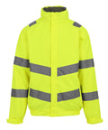 Jackets: Bright yellow high-visibility jacket featuring reflective grey stripes on the chest, arms, and shoulders. Designed for safety and visibility with a high collar and long sleeves.