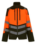 The Softshells jacket features bright orange and black panels, reflective silver stripes on the chest, sleeves, and waist, a front zip, and two vertical chest pockets for high visibility and functionality.