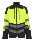 The Softshells jacket features a yellow and black colour scheme, reflective grey stripes on the chest, arms, and waist, two vertical zipped chest pockets, and a black stand-up collar for high visibility.