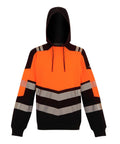 The Hoodies feature a bright orange upper section, black sleeves and hood with a drawstring, plus horizontal black and reflective grey stripes across the chest and arms.