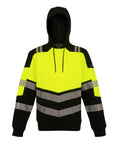 Hoodies with a high-visibility yellow front, black sleeves and hood, plus reflective grey and silver stripes on the chest, arms, and torso.