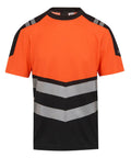 This T-Shirts product features short sleeves, an orange top, black bottom, two reflective silver stripes, and grey accents on the sleeves and torso, shown laid flat on a white background.