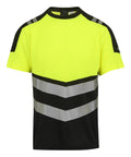 The T-Shirts feature high-visibility yellow on top, a black lower section, and two reflective silver chevrons across the chest and midsection, with black detailing on the shoulders and sleeves. Short sleeves offer comfort and practicality.