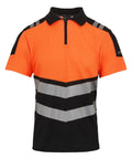 Polos: A short-sleeved polo shirt with a bright orange upper, black collar and lower section, front zip, and reflective grey chevron stripes across the front and shoulders.