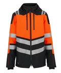 Jackets: High-visibility orange and black design with reflective silver stripes on chest, sleeves, and waist; features a front zip and two vertical chest pockets.