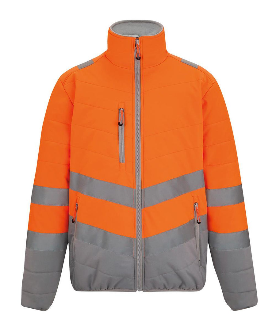 The Jackets feature an orange body, grey reflective stripes on the chest, arms, and waist, a high collar, front zip, two zipped side pockets, and one zipped chest pocket for enhanced visibility and convenience.