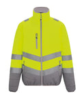 Jackets: Bright yellow high-visibility safety jacket with reflective silver stripes on chest, arms, and waist. Features a front zip, two zipped pockets, and a high collar.