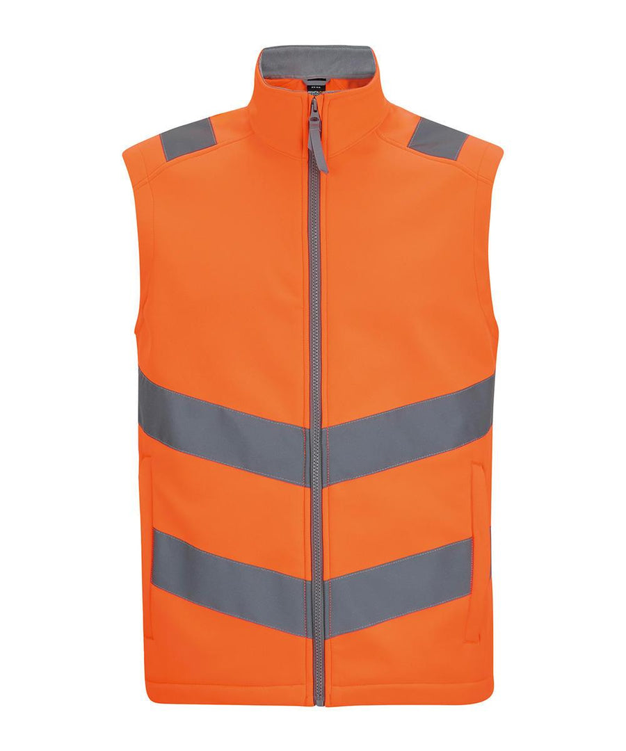 The Gilets & Body Warmers is a sleeveless bright orange safety waistcoat with a front zip and grey reflective stripes across the chest, waist, and shoulders, shown against a white background.