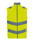 The Gilets & Body Warmers is a sleeveless yellow high-visibility safety waistcoat featuring a front zip, two horizontal reflective grey stripes on the chest and waist, plus reflective shoulder panels.