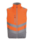 The Gilets & Body Warmers waistcoat is sleeveless with a front zip, bright orange upper and grey lower sections, two horizontal reflective stripes, and zipped side pockets.