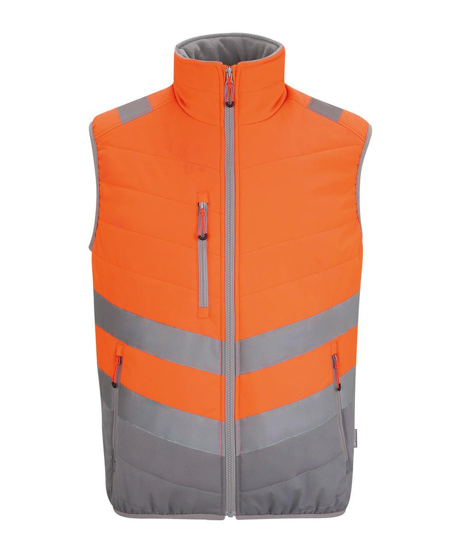 The Gilets & Body Warmers waistcoat is sleeveless with a front zip, bright orange upper and grey lower sections, two horizontal reflective stripes, and zipped side pockets.