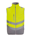 The Gilets & Body Warmers is a sleeveless, high-visibility safety vest in bright yellow with grey reflective stripes, front zip fastening, zipped chest pocket, and two side pockets, shown against a white background.