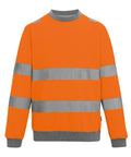 A Jumper in orange with long sleeves, grey reflective stripes around the body and sleeves, and grey ribbed cuffs and collar.
