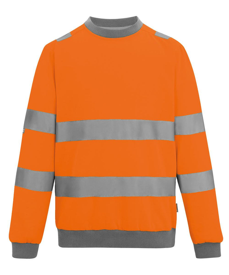 A Jumper in orange with long sleeves, grey reflective stripes around the body and sleeves, and grey ribbed cuffs and collar.