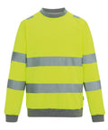 The sweatshirts feature high-visibility yellow fabric, two horizontal reflective silver stripes on the chest and sleeves, plus grey ribbed cuffs, collar, and waistband.