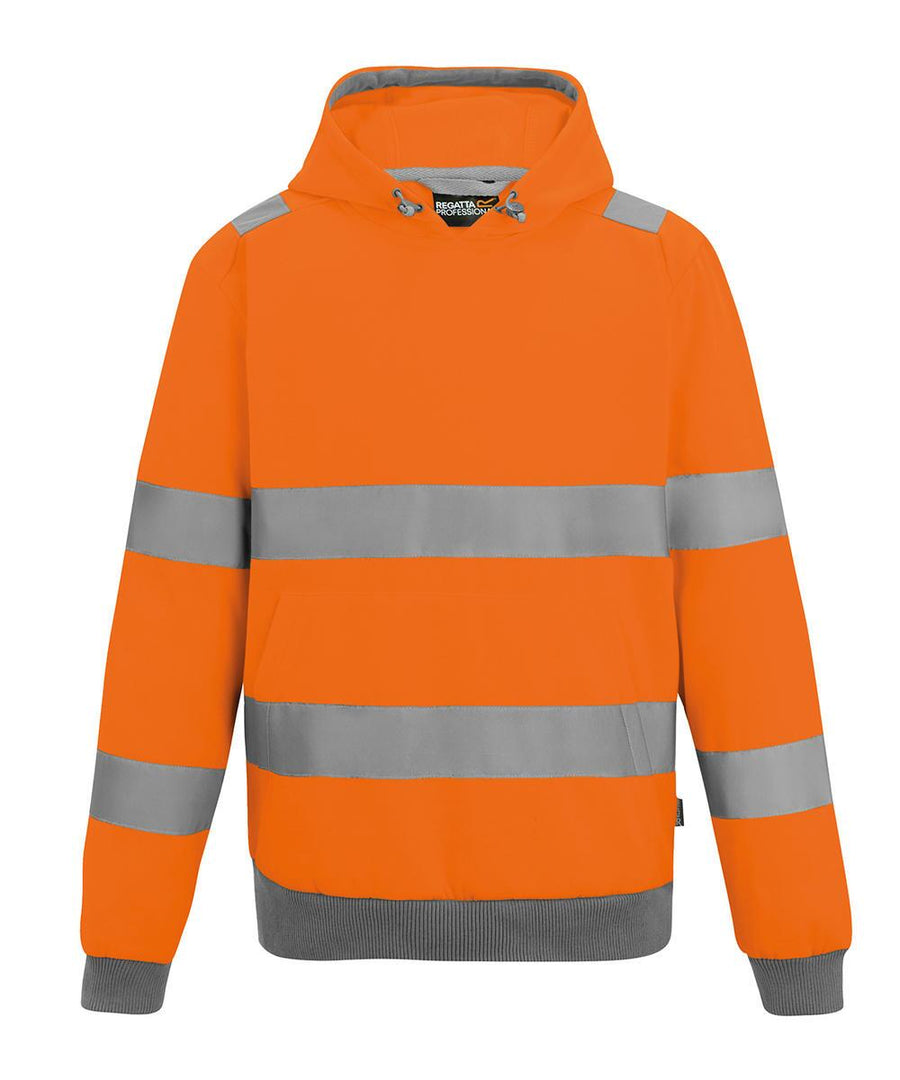 An orange Hoodies sweatshirt with a hood, two horizontal reflective silver stripes on the torso and arms, grey ribbed cuffs and hem, plus a front pocket.
