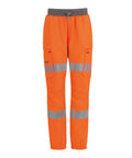 Bright orange tracksuit bottoms featuring a grey elastic waistband and cuffs, two cargo pockets, and two horizontal reflective silver stripes on each leg for enhanced visibility and safety.