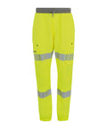 High-visibility yellow jogging bottoms featuring reflective silver stripes on the lower thighs and calves, side cargo pockets, and a grey elastic waistband with drawstring.