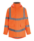 The Jackets product is a bright orange high-visibility safety jacket featuring reflective silver stripes, a hood, two front pockets, and elasticated cuffs, shown on a white background.
