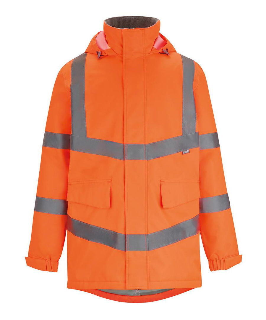 The Jackets product is a bright orange high-visibility safety jacket featuring reflective silver stripes, a hood, two front pockets, and elasticated cuffs, shown on a white background.