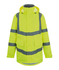 The Jackets is a high-visibility yellow jacket with reflective silver stripes on the chest, arms, and waist, featuring a hood, two front pockets, and elasticated cuffs, shown against a plain white background.