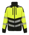 The Jackets feature bright yellow and black panels, silver reflective stripes on the torso and arms, two vertical zipped chest pockets, long sleeves, and a high collar for high visibility.