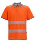 Polos: Bright orange short-sleeve polo with grey collar and cuffs, plus reflective grey shoulder stripes and two horizontal reflective bands around the torso.