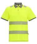 The Polos is a short-sleeved, high-visibility yellow polo shirt featuring a grey collar and sleeve cuffs, plus two horizontal reflective stripes around the torso.