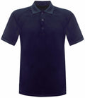 The RG524 by Regatta Standout is a plain dark blue polo shirt featuring short sleeves and a three-button placket, displayed against a white background.