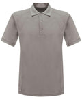 The RG524 by Regatta Standout is a simple gray short-sleeved polo shirt featuring a collar and three buttons down the front.