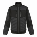 The RG540 jacket from Regatta Professional is a black and gray padded option featuring a high collar and zipper closure. It includes two vertical zippered chest pockets and two side pockets.