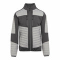 The RG540 by Regatta Professional is a padded jacket in gray and black, featuring a high collar, front zipper, and zippered chest pockets, displayed on a white background.