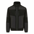 The RG541 by Regatta Professional features a high-collared black and gray color-block design with a zip-up front. It includes long sleeves and zipper pockets for added functionality.