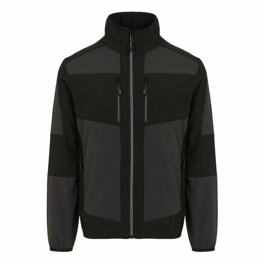 The RG541 by Regatta Professional features a high-collared black and gray color-block design with a zip-up front. It includes long sleeves and zipper pockets for added functionality.