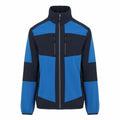 Introducing the RG541 from Regatta Professional, a jacket in striking blue and black with a high collar and front zipper. It showcases bold block patterns, zippered chest pockets, and a relaxed fit, ideal for casual or outdoor activities.