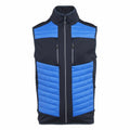 Introducing the RG542 sleeveless jacket from Regatta Professional, showcasing a stylish black and blue color-block design. This jacket features a front zipper, high collar, and horizontal padded sections on the front for enhanced insulation.