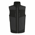 The RG543 by Regatta Professional is a black and dark gray sleeveless outdoor vest featuring a front zipper and multiple pockets.