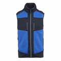 The RG544 by Regatta Professional is a sleeveless, zip-up jacket with a striking black and blue color scheme. It boasts a high collar and two vertical zippered pockets on the front. The jacket has blue top and bottom sections, complemented by black sides and middle portions.